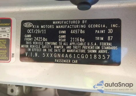 2012 Kia Optima Ex Turbo from USA, damaged, VIN 5XXGN4A61CG018357